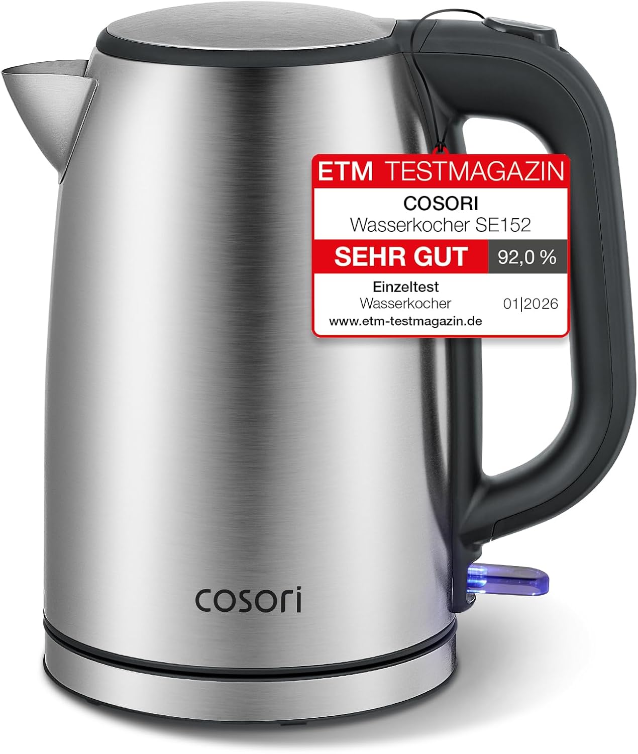 COSORI Stainless Steel Kettle, BPA-Free, 1.7 L, Strix Technology, Boils in 3 Minutes, 2200 W, Large Opening, Boil-Dry Protection, 360° Rotating Base, Silver/Black