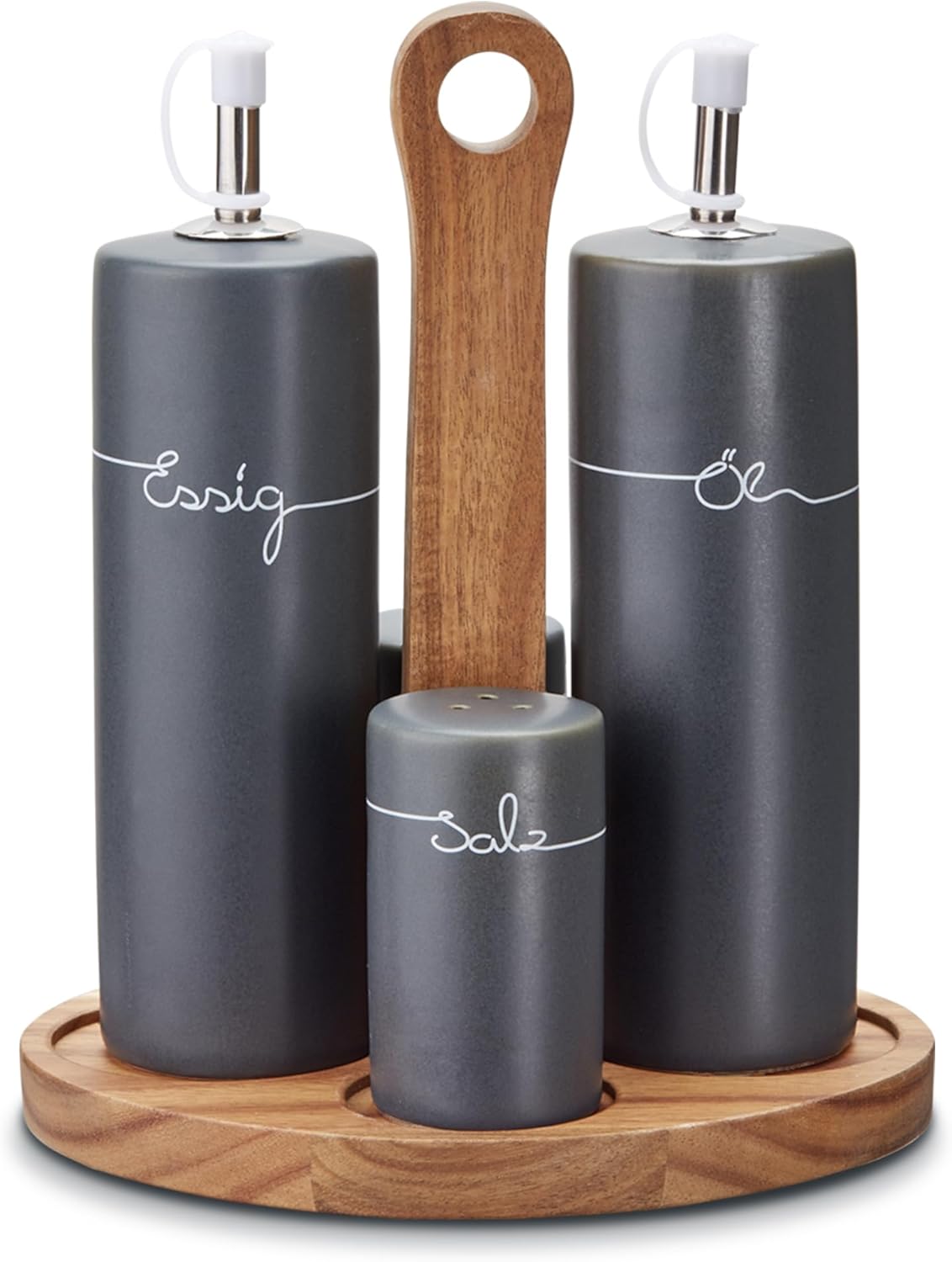 KHG Storage Jars Set Ceramic Anthracite Wood Lid Coffee Container Potato Box Onion, Set of mincers
