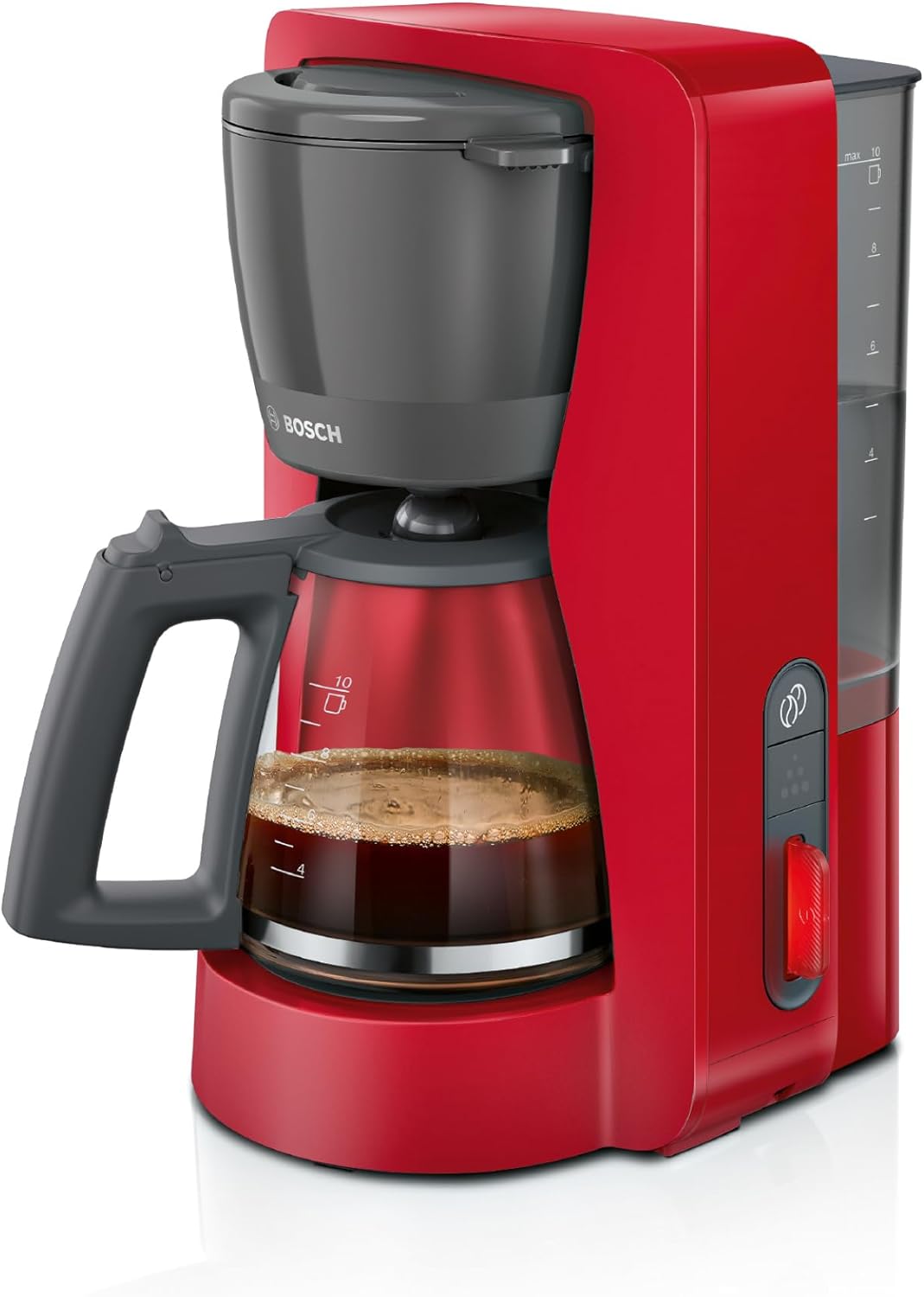 Bosch MyMoment TKA3M134 Filter Coffee Machine, Glass Jug 1.25 L, for 10-15 Cups, 60 Minute Warming Function, Drip Stop, Swivelling Filter Carrier, Descaling Program, 1200 Watt, Matte Red