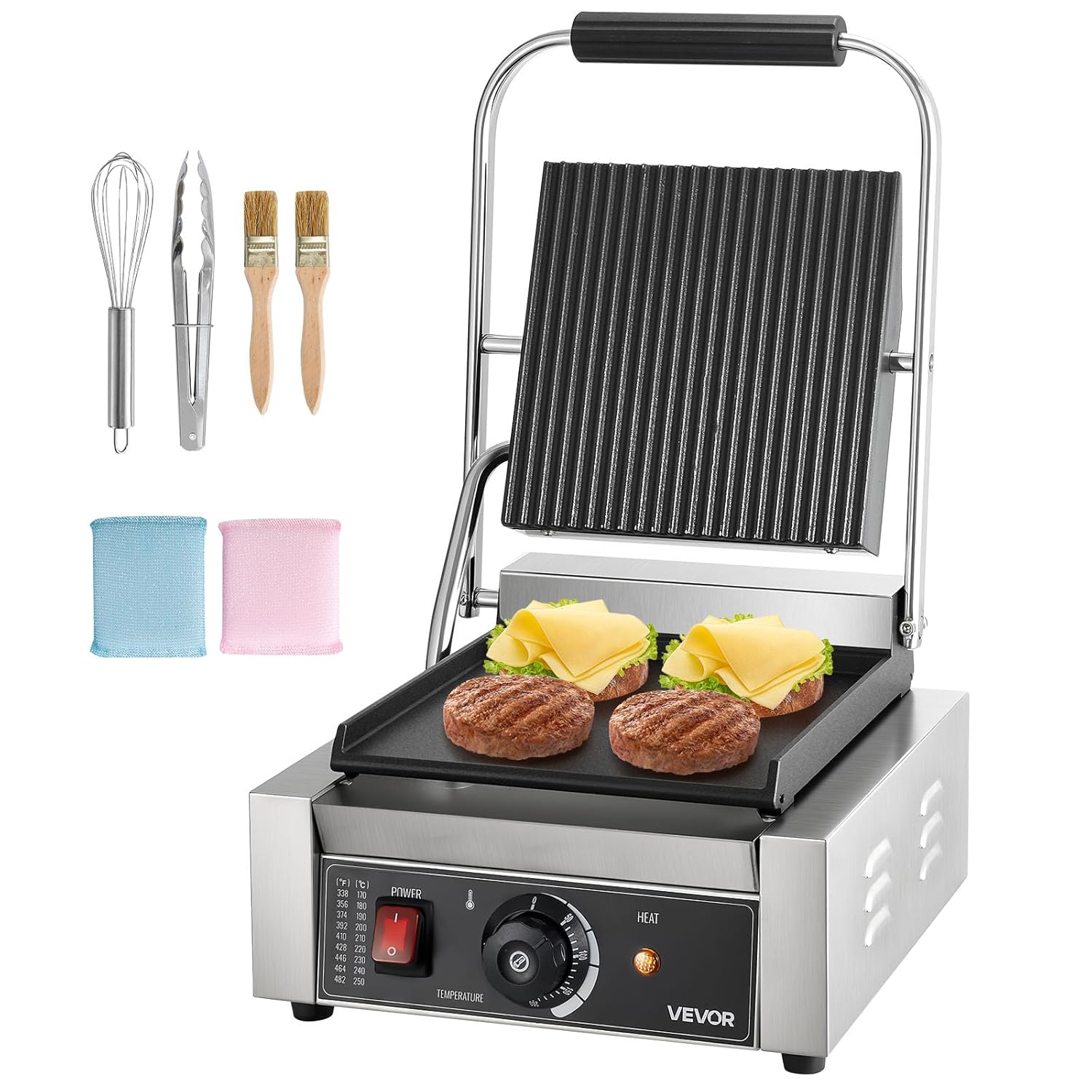 VEVOR Commercial Contact Grill 1800W Electric Grill Sandwich Maker Panini Press Stainless Steel with Handle & Temperature Control 22 x 23 cm Flat Enamel Plate (Single) for Hamburger Steak Bacon