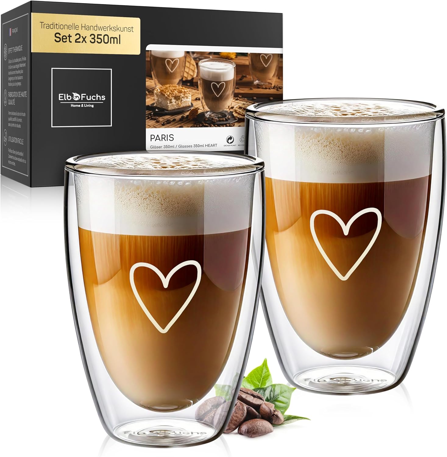 Latte Macchiato Glasses Double-Walled, 2 x 350 ml, Gift Idea with Heart, Crystal Clear Thermal Glasses Double-Walled, Ideal as Cappuccino Glasses, Coffee Glasses, Tea Glasses