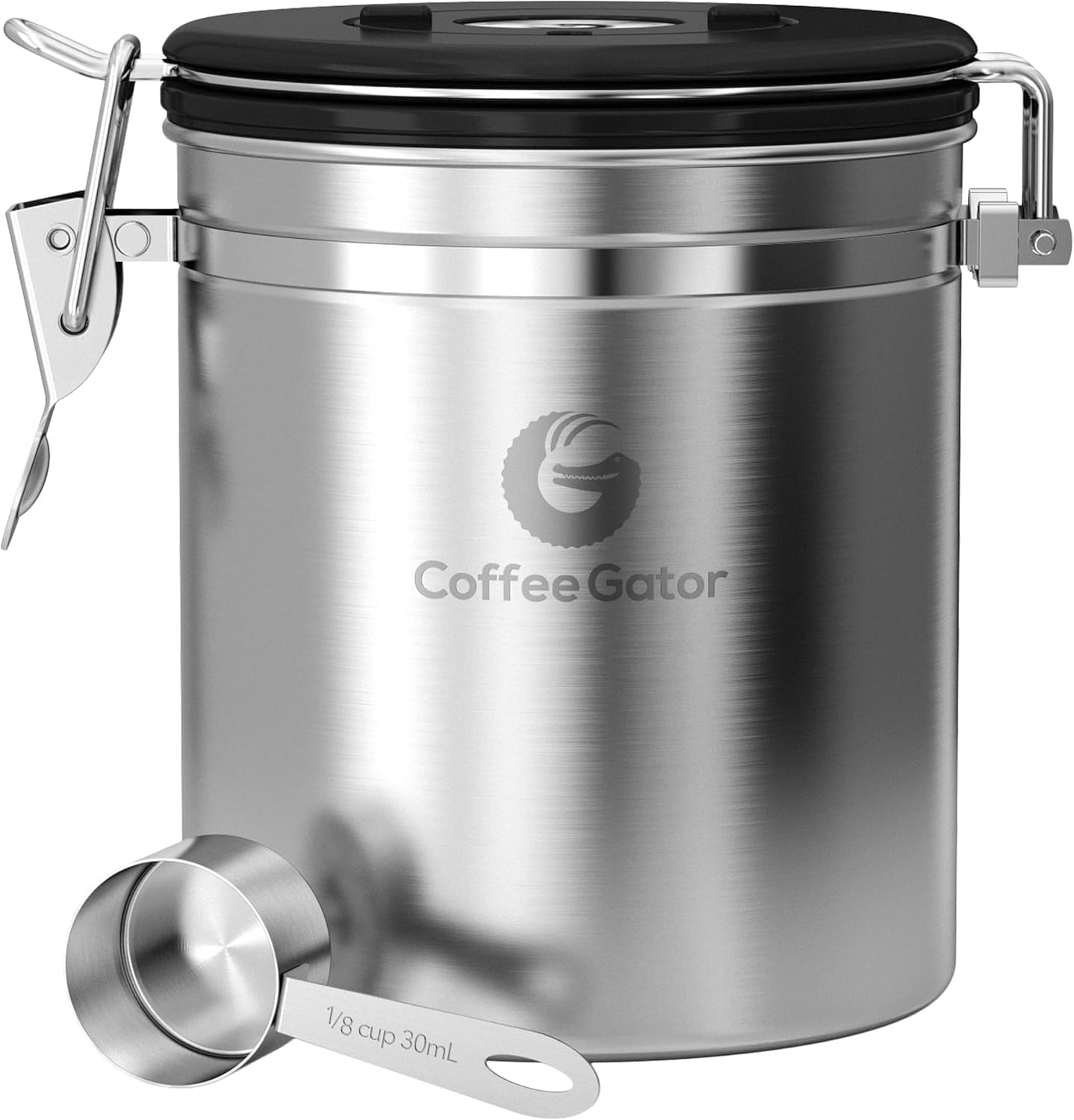 Coffee Gator Stainless Steel Coffee Canister - Keeps Ground Coffee and Beans Fresh Longer - Container with Date Tracking, CO2 Release Valve and Measuring Spoons (Large, Grey), Stainless steel