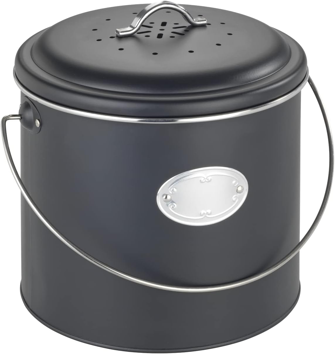 WENKO Compost bin Mod. Nero 6 L, made of metal, lid with silicone ring, with 3 activated carbon filters to neutralize odors, labeling label, dimensions (W x D x H): diameter 22.5 x 22.5 cm, black