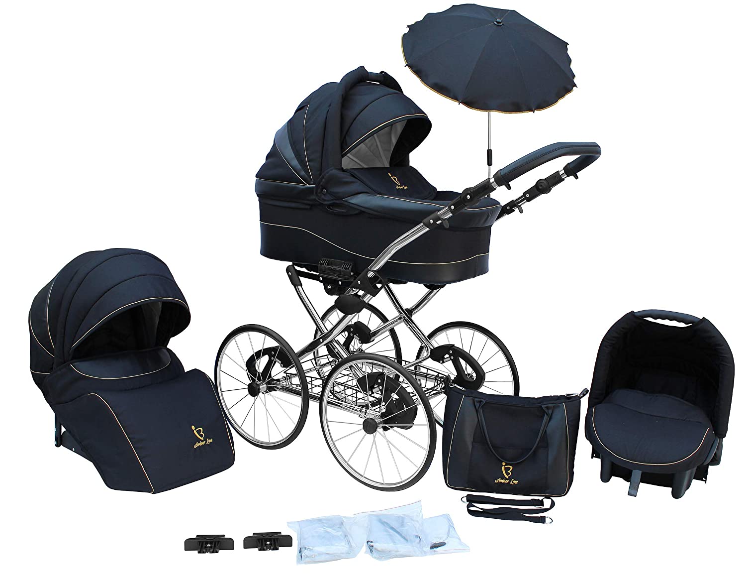 SKYLINE Classic Retro Style Combination Pushchair Buggy 3-in-1 Travel System Car Seat (Isofix) (Black/17 Inch Hard Rubber Tyres)