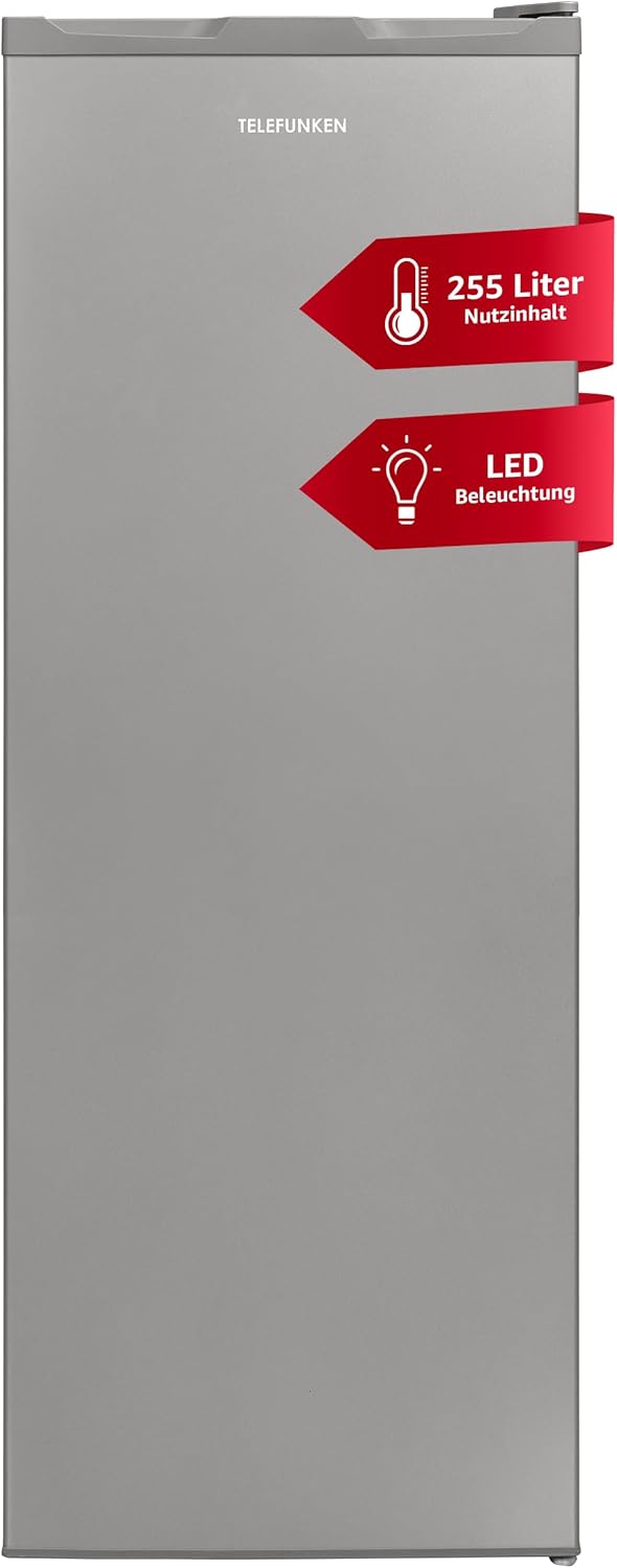 TELEFUNKEN Fridge without Freezer 255 Litres | Standing Fridge Large | Full Room Fridge Freestanding with Vegetable Compartment | LED Lighting | Door Hinge Changeable | KTFK265ES2 Silver