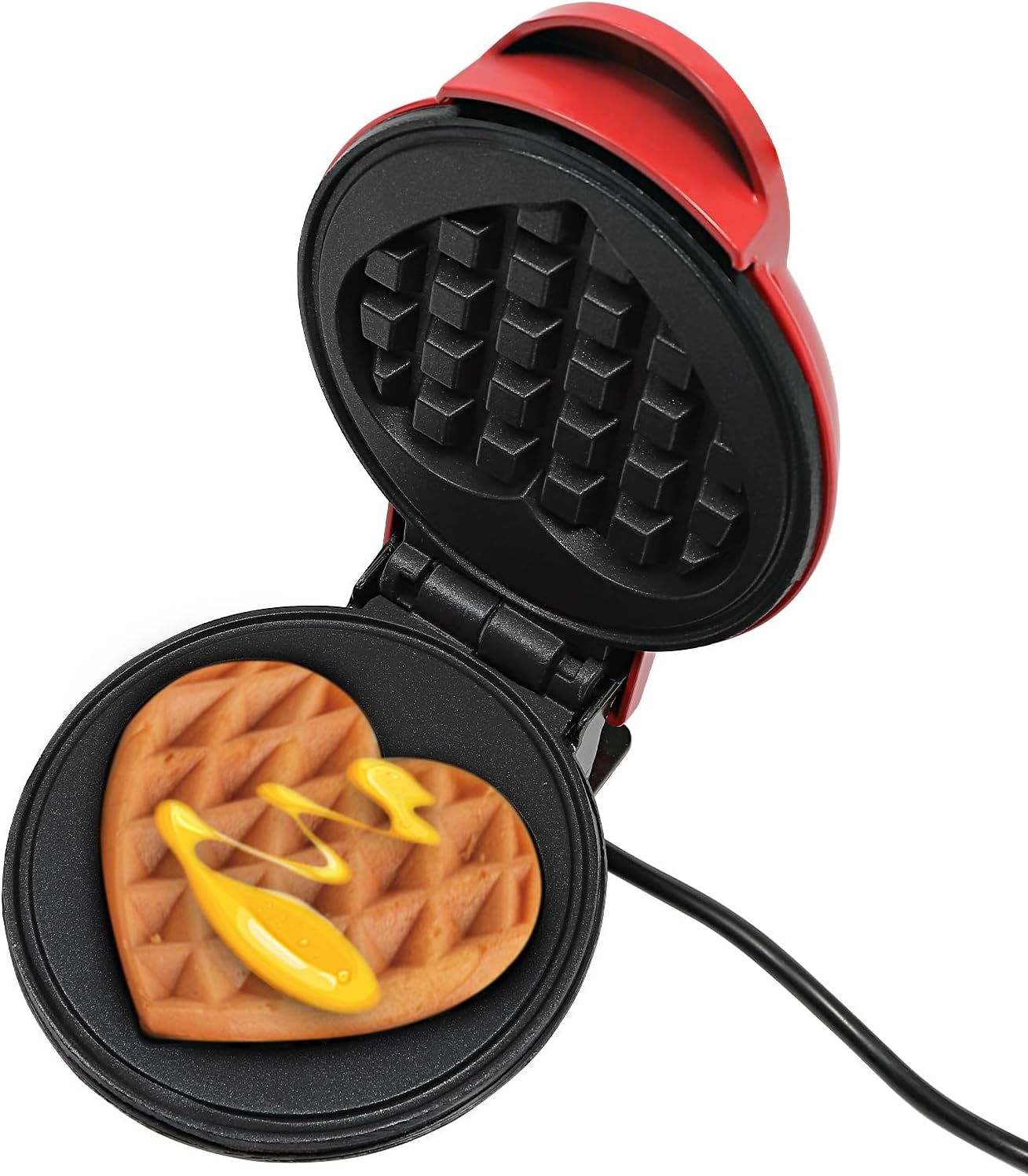 Tyvotrend Mini Heart-Shaped Waffle Iron 350 W, Waffle Maker, Electric Heart Waffle Iron with Non-Stick Coating, Double-Sided Heating, for Delicious Waffles, Sandwiches, Hamburgers (Red)