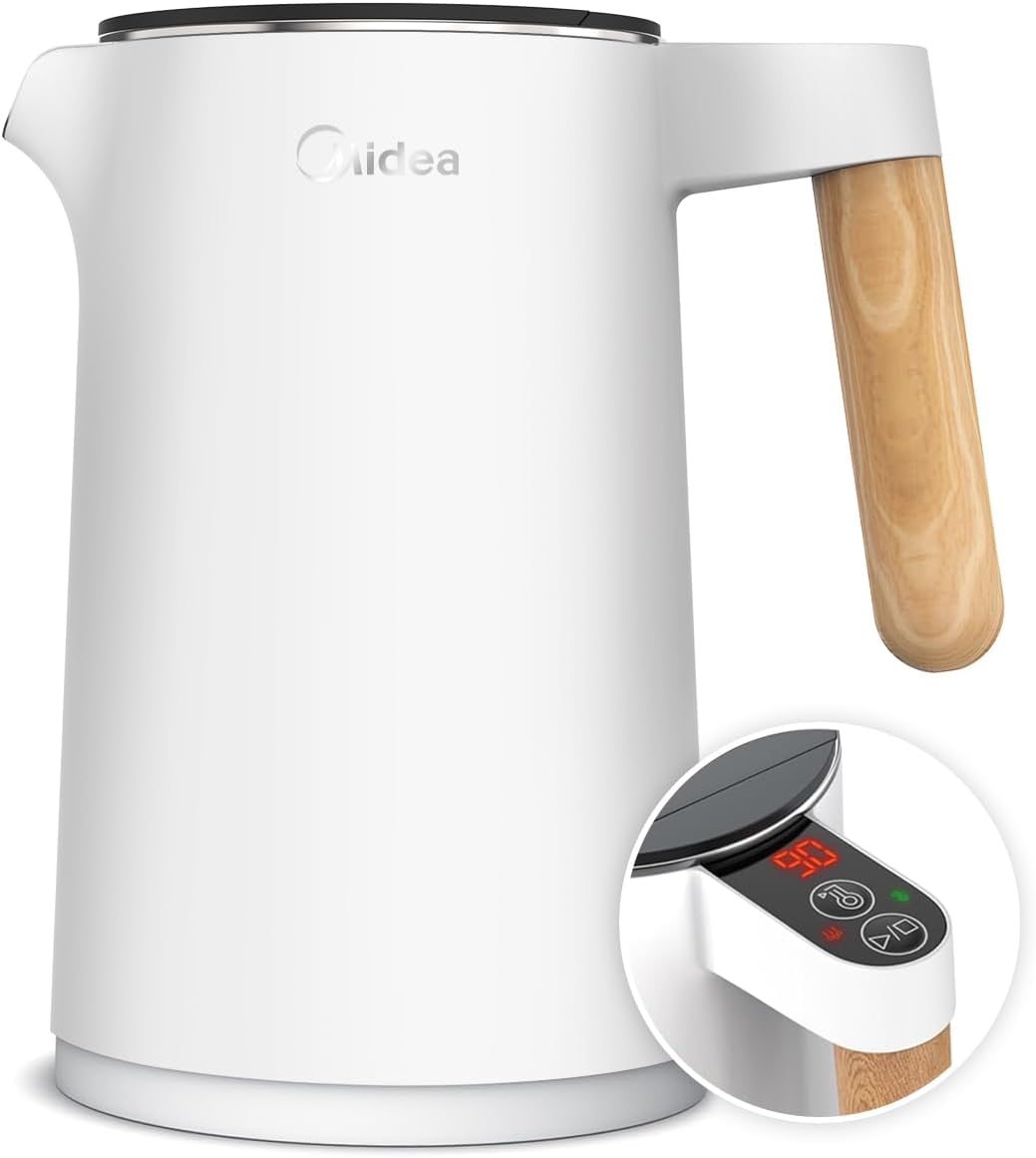Midea Stainless Steel Kettle with Temperature Setting, 45°C - 100°C, 1.5 Liters, 2200 W Kettle White, Tea Maker with Temperature Display and Safety Functions, BPA-Free, Double Wall Design