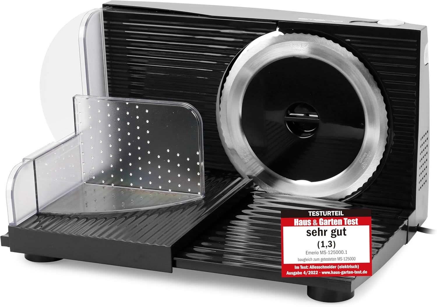 Emerio MS-125000.1 All-Purpose Slicer, Made in the EU, Stainless Steel Knife Unit Produced in Germany, Adjustable 0-17 mm, BPA-Free, Space-saving, Foldable, with Safety Switch, Eco 100 Watt, Black