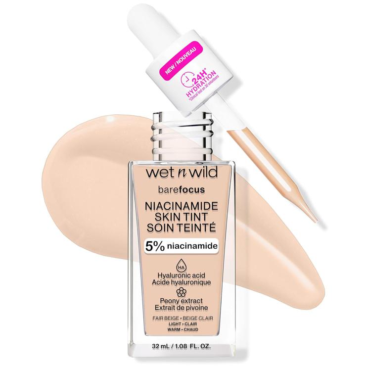 Wet n Wild Bare Focus Niacinamide Skin Tint, lightweight foundation with buildable formula, enriched with hyaluronic acid and vitamin E for a radiant look, fair beige