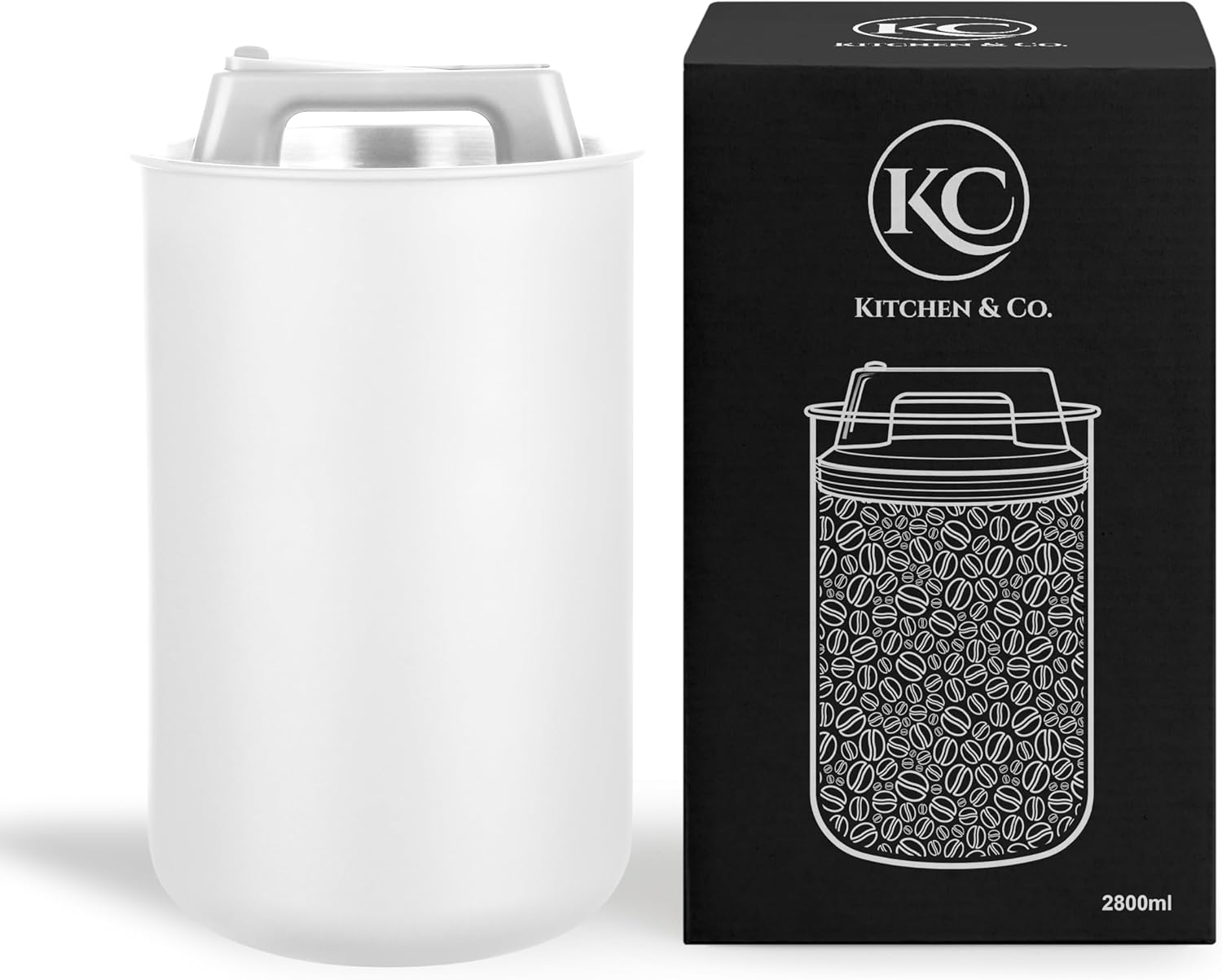 KC Kitchen & Co. Airtight Coffee Canister for 1 kg Coffee Beans with Vacuum Lid (Container for Coffee, Tea, Stainless Steel Container for Storage with Aroma Closure, Storage Jar for 1000 g Coffee) White (2800 ml)