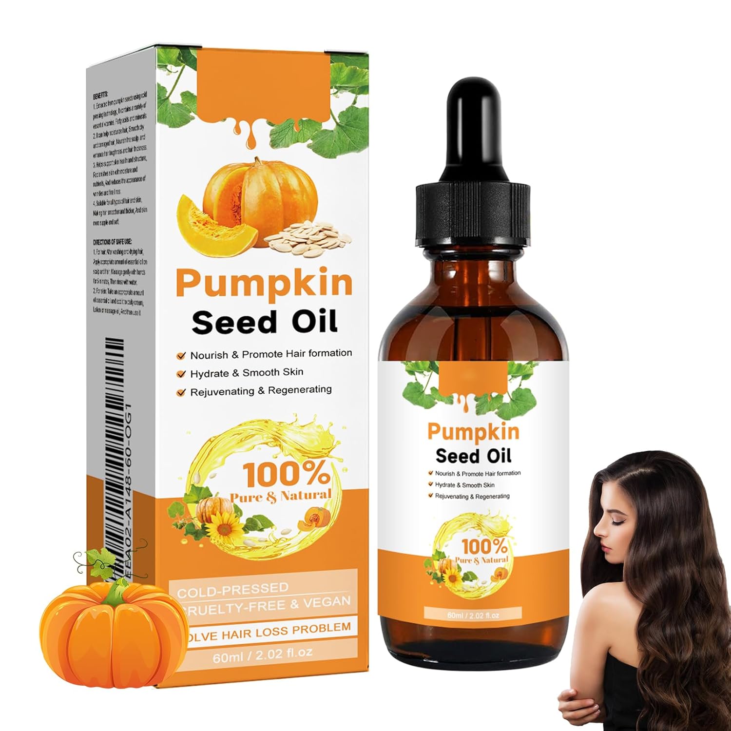 Pumpkin Seed Oil, Pumpkin Seed Oil for Hair/Scalp/Skin, 100% Organic Pumpkin Seed Hair Oil for Hydration & Repair of Dry, Damaged Hair, Stimulates Hair Growth & Against Hair Loss (60 ml)