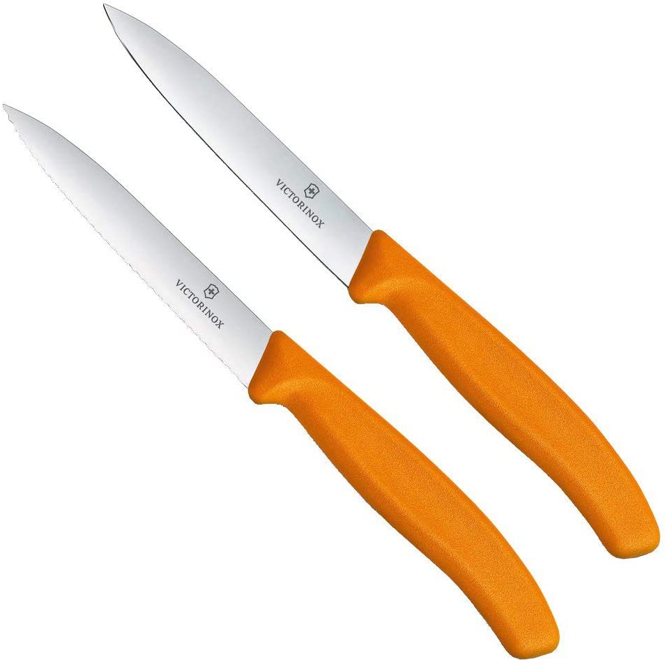 Victorinox Swiss Classic 2-Piece Vegetable Knife Set, 1 x Normal Cut, 1 x Serrated Edge, 10 cm Blade, Middle Point, Orange