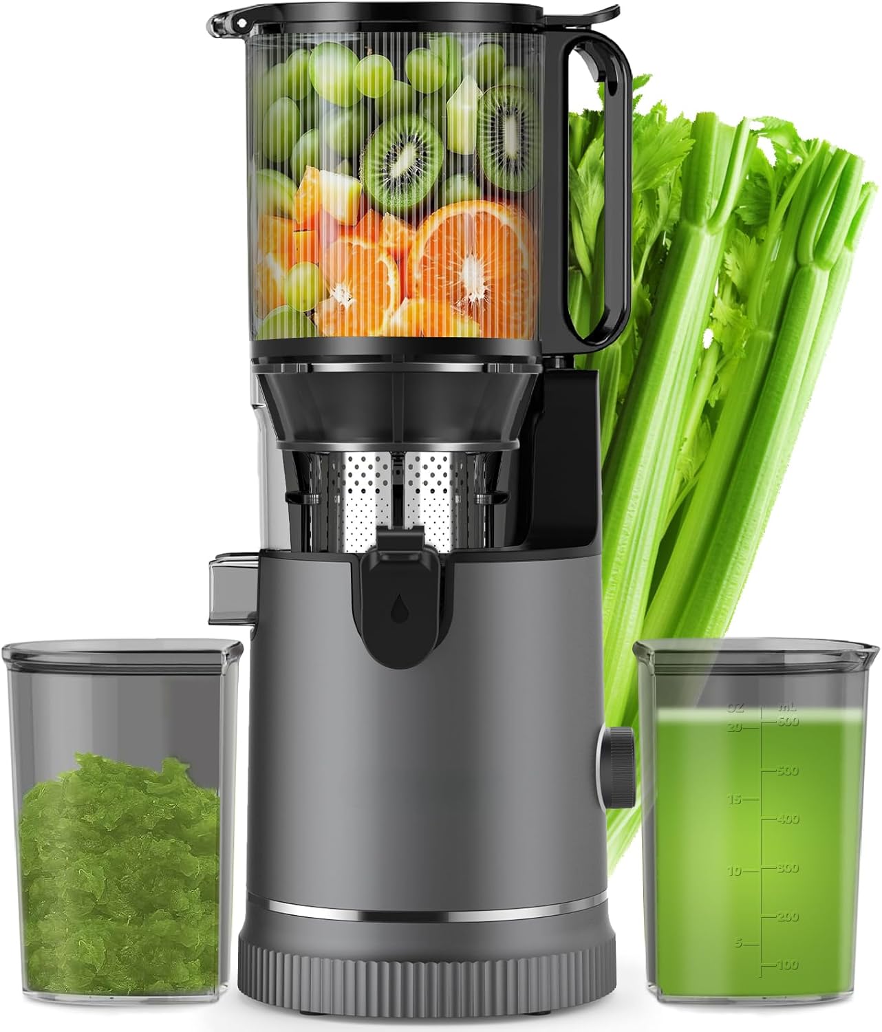 Juicer - Slow Juicer with 147 mm XL Filling Shaft & 400 W Motor, High Juice Yield and Nutrient Retention, 1.8 L Capacity Includes 2 Jars, BPA-Free, For Whole Fruit & Vegetables (Titanium Grey)