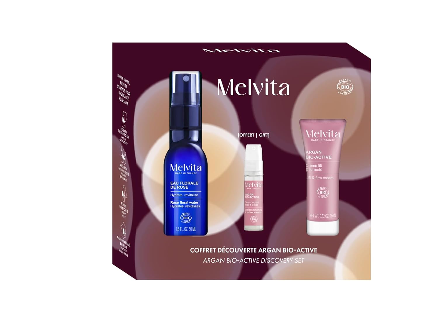 Melvita, Natural Anti-Aging Set: Complete Care Routine with Rose Petal Water, Firming Serum and Lifting Cream with Organic Argan Oil for Revitalized and Radiant Skin