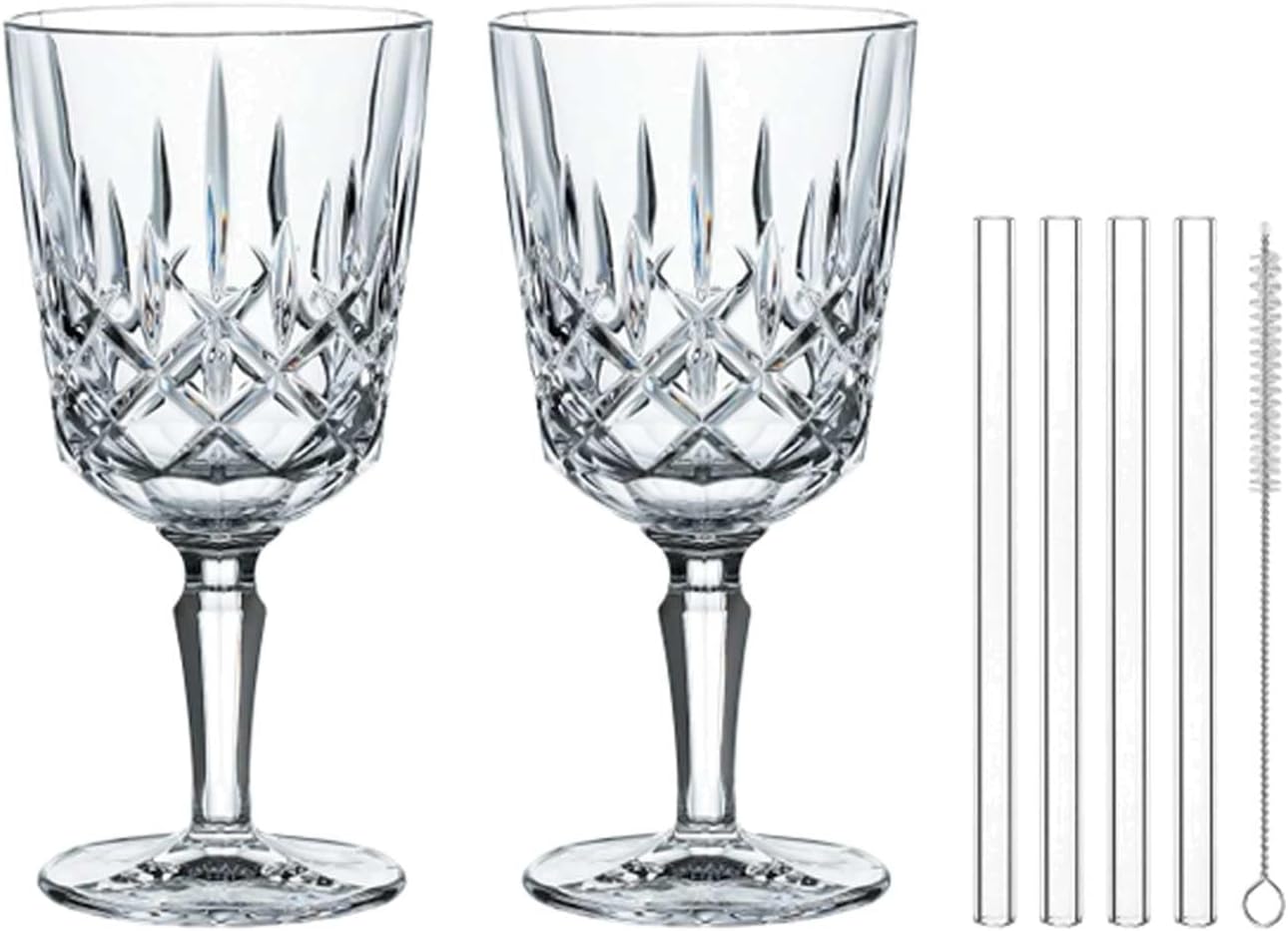 Spiegelau & Nachtmann, Noblesse 105089 7-Piece Wine Glasses / Cocktail Glasses 355 ml, 4x Glass Straws 15 cm + Cleaning Brush, Crystal Glass