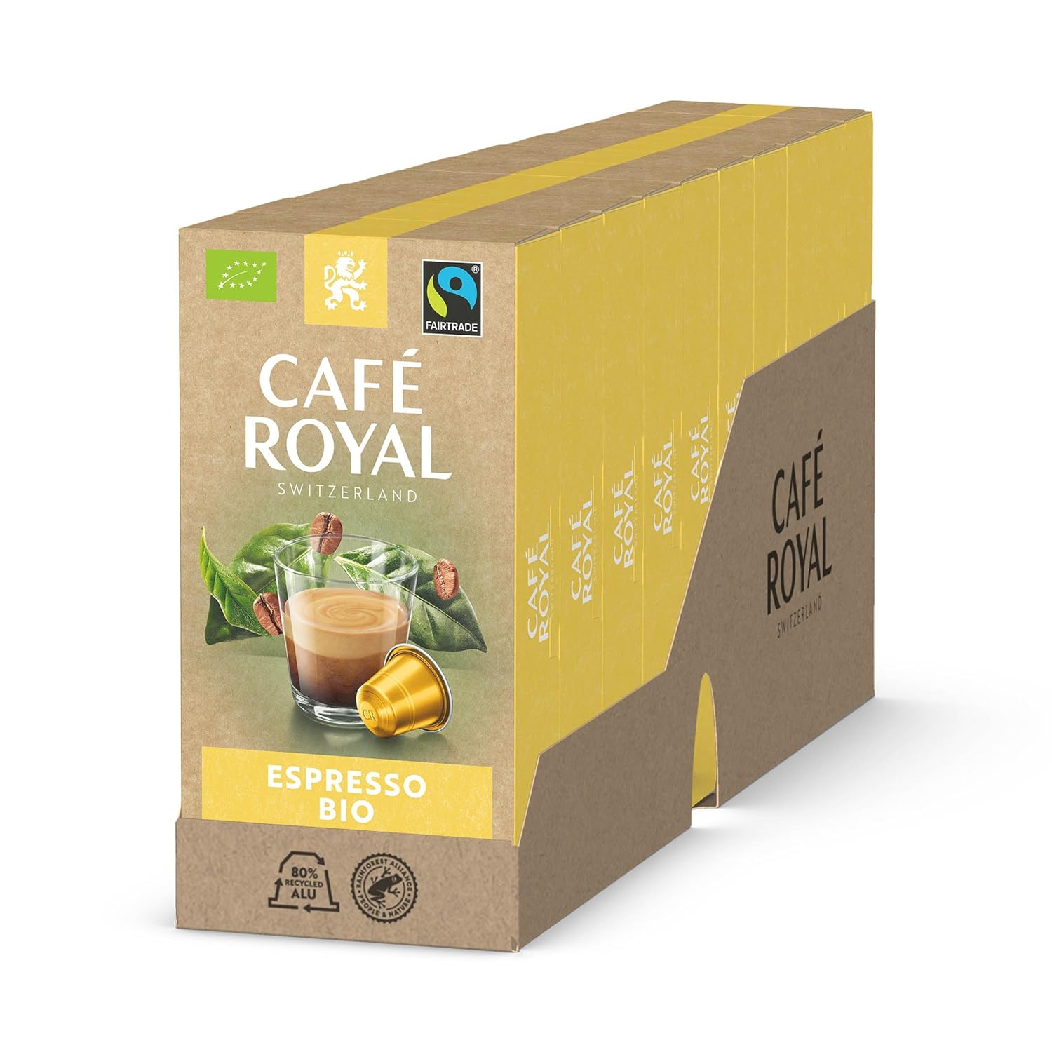Café Royal, Organic Espresso, 100 Nespresso (R) Compatible Capsules, 80% Recycled Aluminum, Organic and Fairtrade Certified, 100% Arabica Coffee, Intensity 7