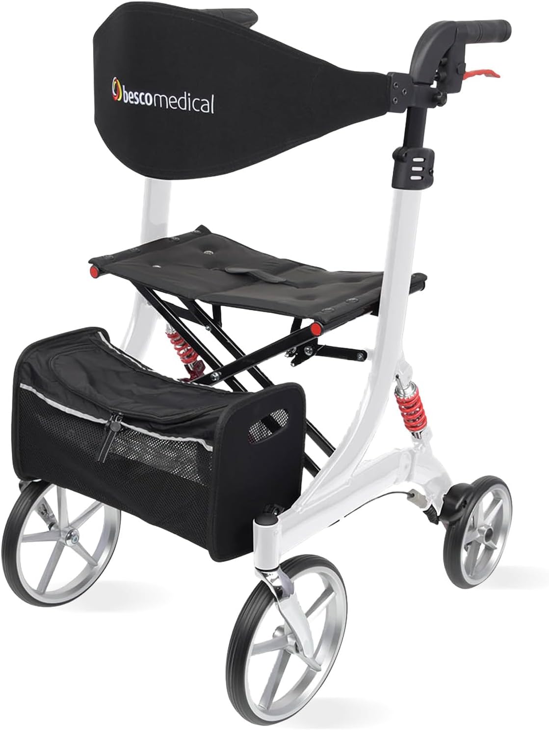 Lightweight Rollator Spring - Walking Aid with Comfort Suspension - Height Adjustable & Foldable - Includes Mesh Pocket & Back Strap - Comfortable Seat - Foldable - Model L Polar White