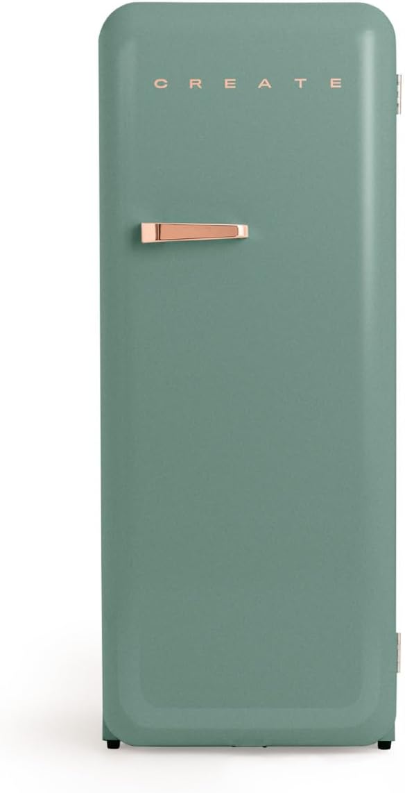 CREATE Retro Friend 150 Rose Gold Fridge Freezer 281 L in Sage Green, Handle Pink Gold / 102 W, Low Energy Consumption, 150 cm, 3 Shelves, Temperature Control, 60 x 60 x 150 cm