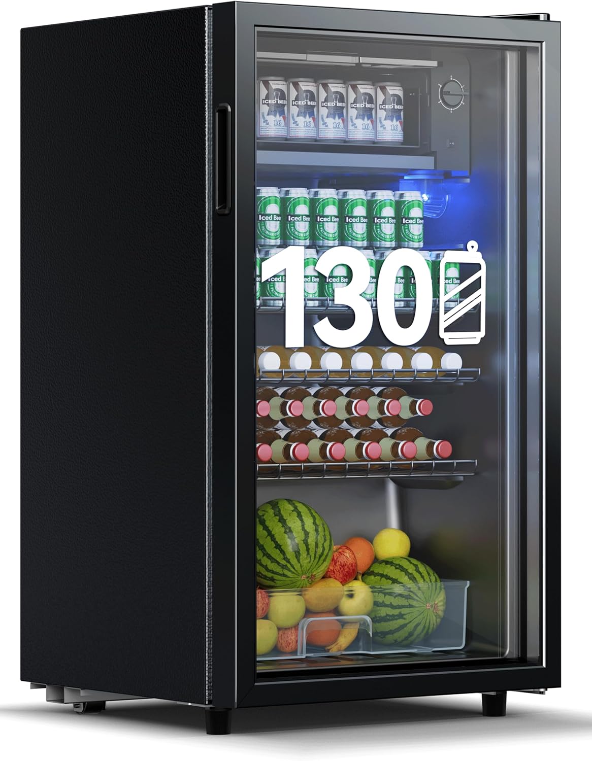 Devoko 93L 130 Can Beverage Fridge with Glass Door and LED Interior Lighting. Includes Height Adjustable Shelves for Coke, Beer and Wine. Ideal for home and office in black