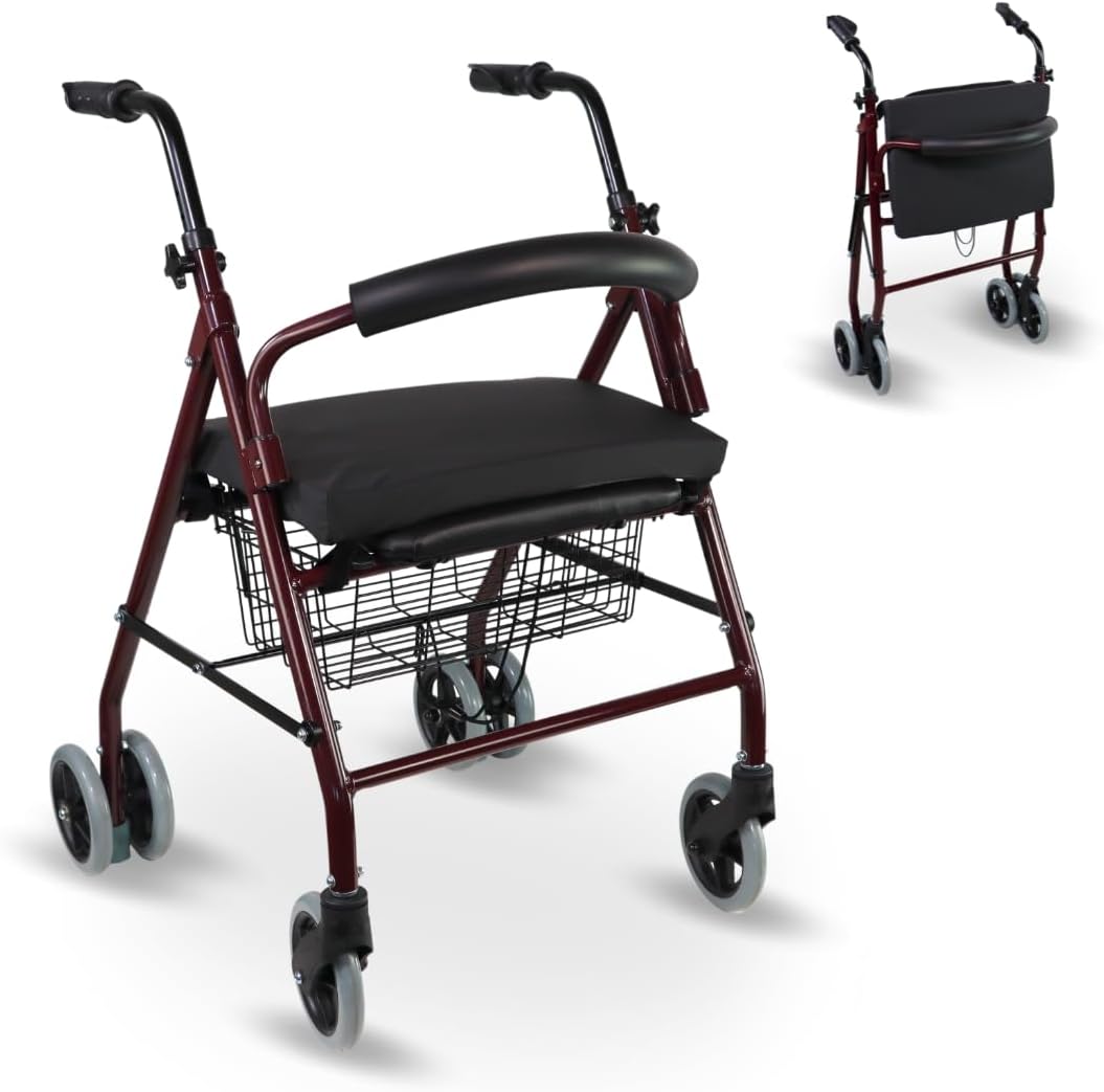 Mobiclinic, Prado Plus Rollator with Viscoelastic Cushion, Aluminium, Pressure Brakes, Basket, Seat, for Chairs and Rollators, Foldable Lightweight, 4 Wheels, Walker, Bordeaux