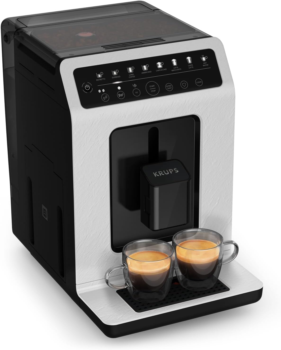 KRUPS Evidence ECOdesign Fully Automatic Coffee Machine with Milk Hose, 7 Drink Options, 2 Cup Function, Recycled Material, Coffee Machine with Control Panel, White/Slate, EA897A10