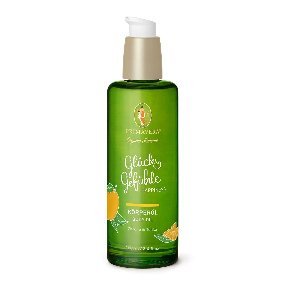 PRIMAVERA Happiness Body Oil 100 ml - Natural Cosmetics - Lemon, Tonka Fragrance - Nourishing, Protective, Soft Skin Feeling - Vegan
