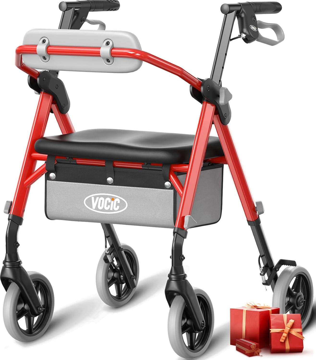 VOCIC Store VOCIC Z11 Foldable and Lightweight Rollator with Seat, Max 172 kg, Narrow Rollator for Home, Easy Folding for Seniors, Ergonomic Seat, Height Adjustable, Bright Red, 5 Years Support
