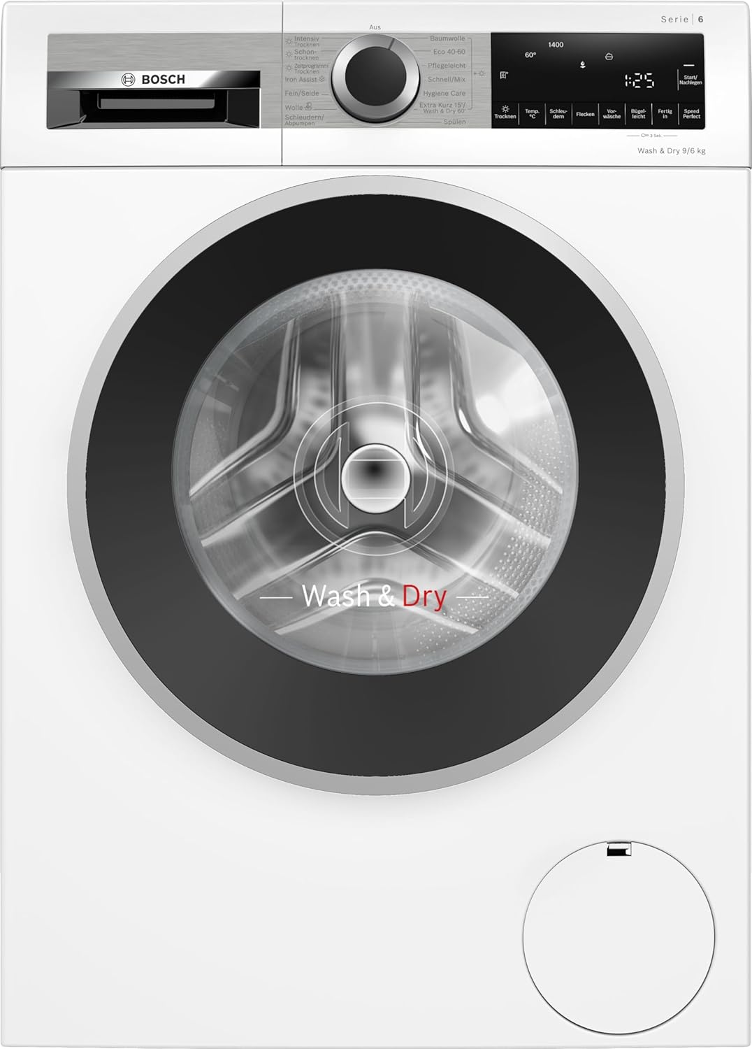 BOSCH WNG24441 Washing Dryer Series 6, Front Load with 9-6 kg Capacity, 1400 rpm, EcoSilence Drive, Automatic Stain Control, Iron Assist, SpeedPerfect, AutoDry, White, 60 cm