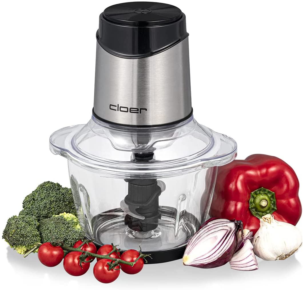 Cloer 6829 Multi Chopper Electric Universal Chopper 6-Blade Stainless Steel Knife for Fruit, Vegetables, Nuts, Meat, 400 W, One-Hand Pulse Function, 1200 ml Glass Bowl, Glass/Stainless Steel