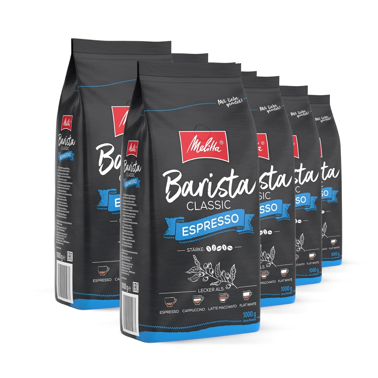 Melitta Barista Classic Espresso, Whole Coffee Beans 8 x 1 kg, Unground, Coffee Beans for Fully Automatic Coffee Machine, Strong Roast, Strength 5, in Tray