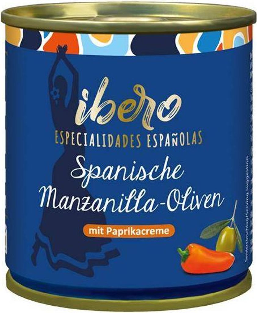 Rila Ibero Green Manzanilla Olives with Paprika Cream 85g Can Vegan Gluten-free Fruity, tangy taste 243g