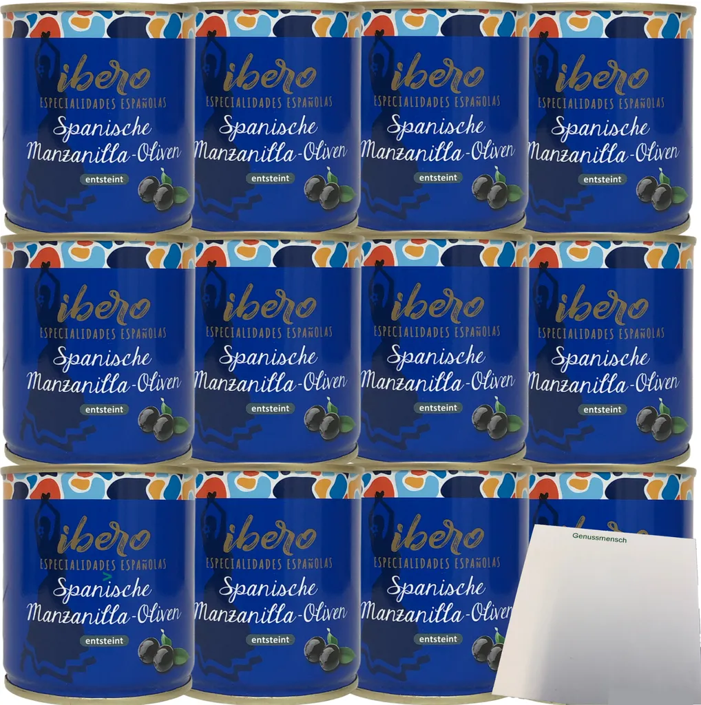 Ibero Spanish black Manzanilla olives pitted 12-pack (12x200g can) + usy block