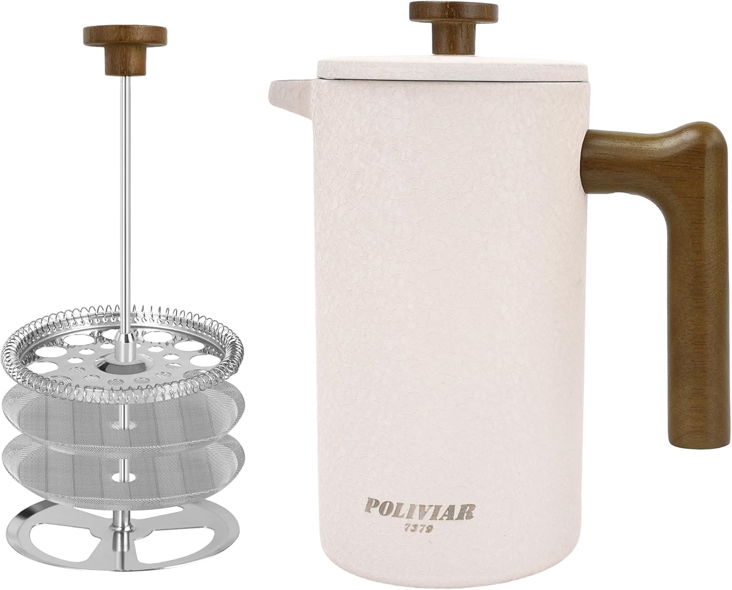 Poliviar French Press Coffee Maker 1 Liter/8 Cups, Double-Walled Insulated Coffee Pot, Hand Filter Coffee Press with Plunger & Wooden Handle, Flatland (Beige)