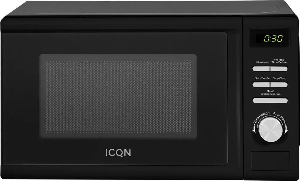 ICQN Microwave, Solo Microwave, 20 L, 700 W, 5 Power Levels, 8 Automatic Programs, Weight and Timed Defrost, Child Lock, Glass Turntable (25.5 cm), Black