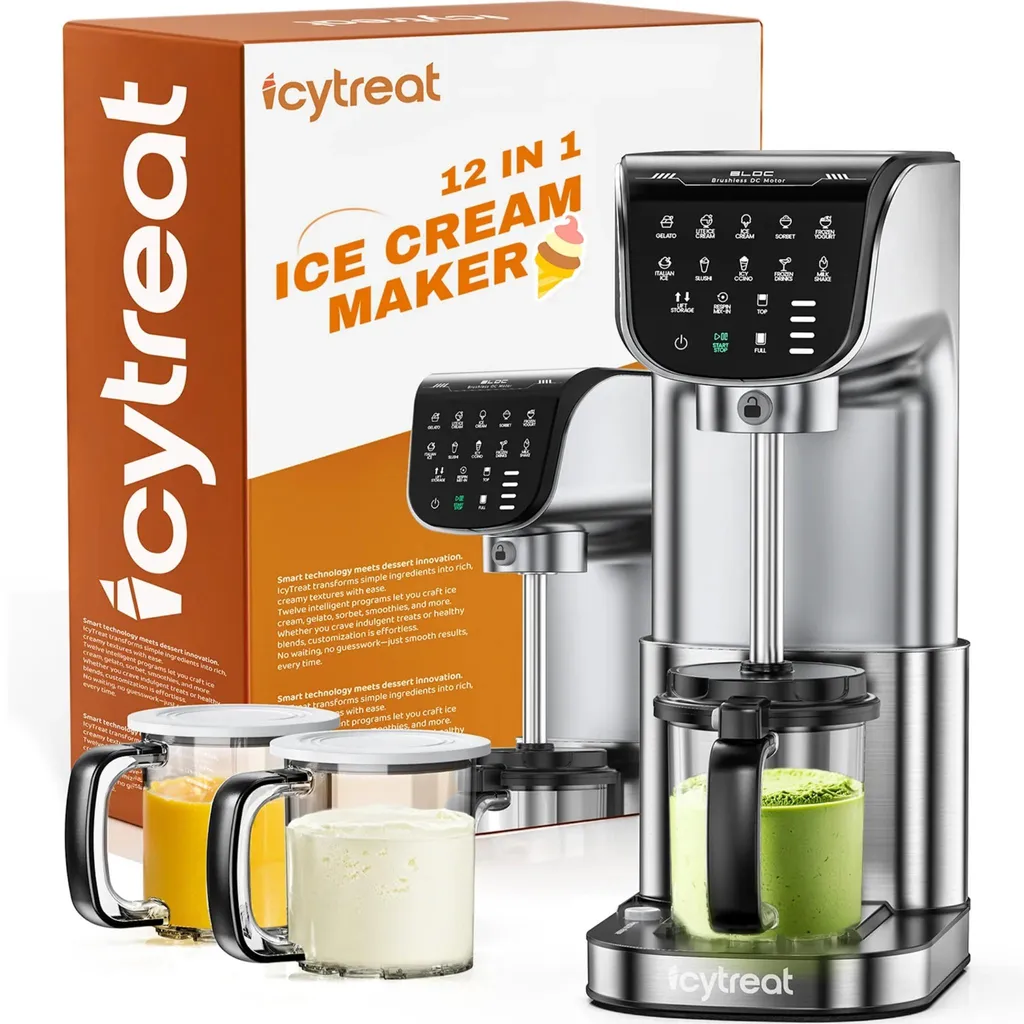 IcyTreat IC-1010 EU Ice Cream Maker – Fully Automatic, Stainless Steel Housing – With 3 Containers and 12 Programs – Silver