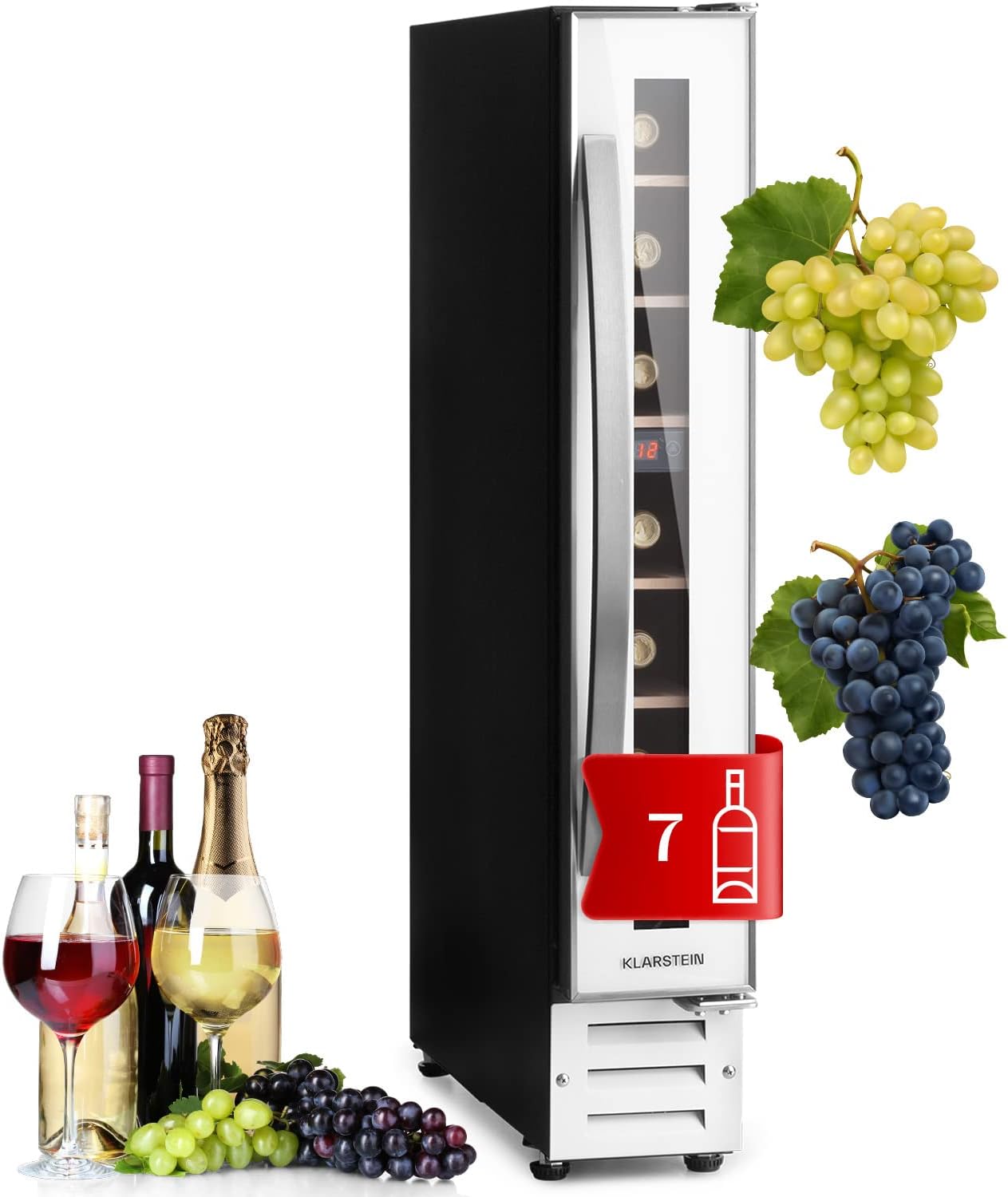 Klarstein Vinovilla Wine Fridge, 1-Zone Drinks Refrigerator, Slim, Quiet Fridge with Glass Door, Bottle Refrigerator, Small, Wine Cabinet for Drinks, Wine Cooler 5-22°C, 20 L, 7 Bottles, White