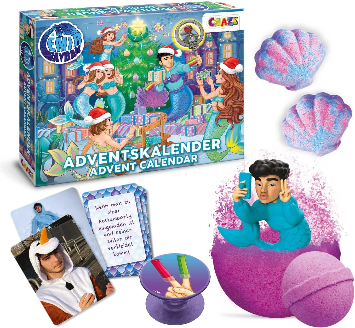 CRAZE Children\'s Advent Calendar, Tiktok Star Emir Bayrak Mermaid Toy Christmas Calendar Children with Inkee Bath Bombs, Compound Mix and Exclusive Content