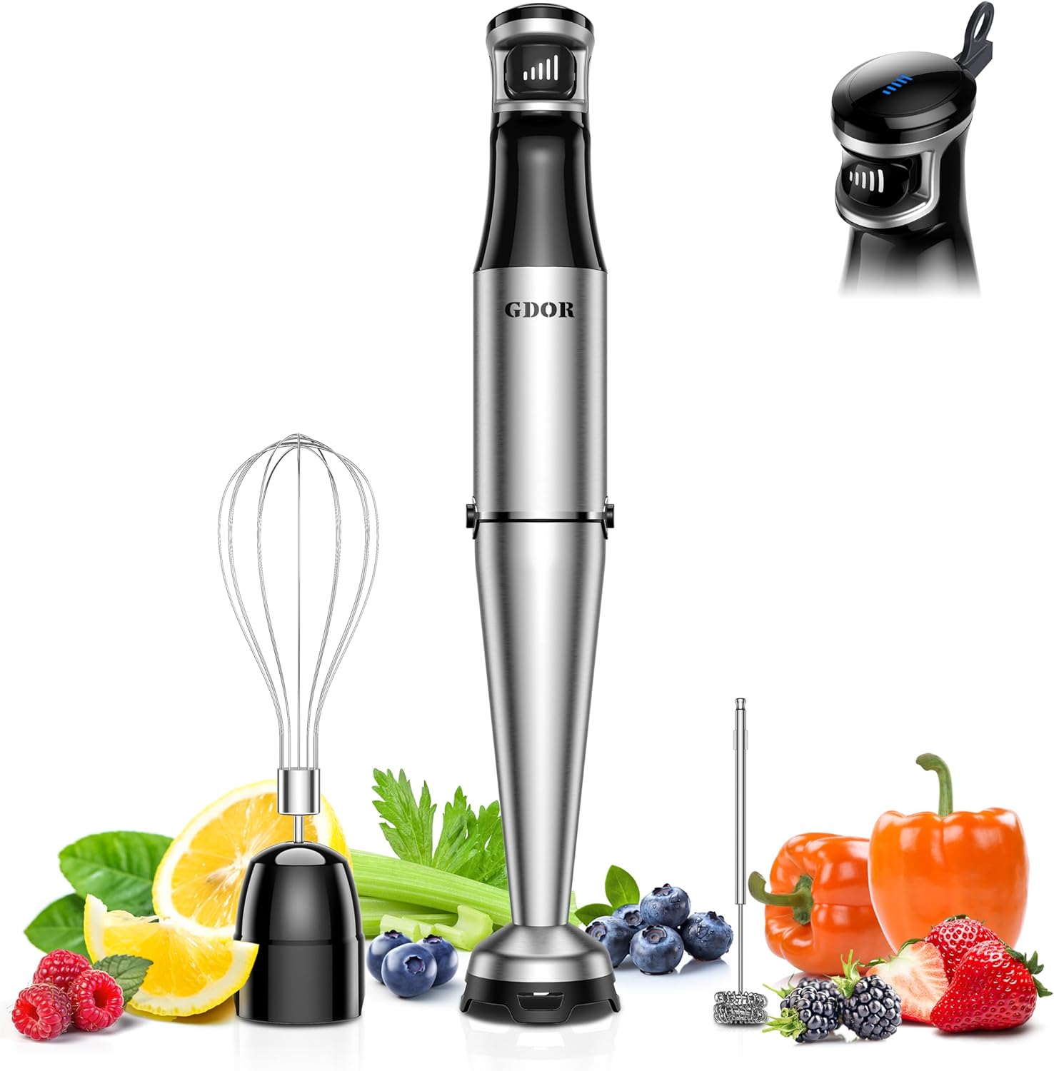 GDOR Electric Hand Blender, 3-in-1 Purée Rod, Stainless Steel, 1100 W Continuous Speeds Stirring Stick, Hand Blender with 2 Whisks, for Kitchen, Soup, Smoothie, Puree
