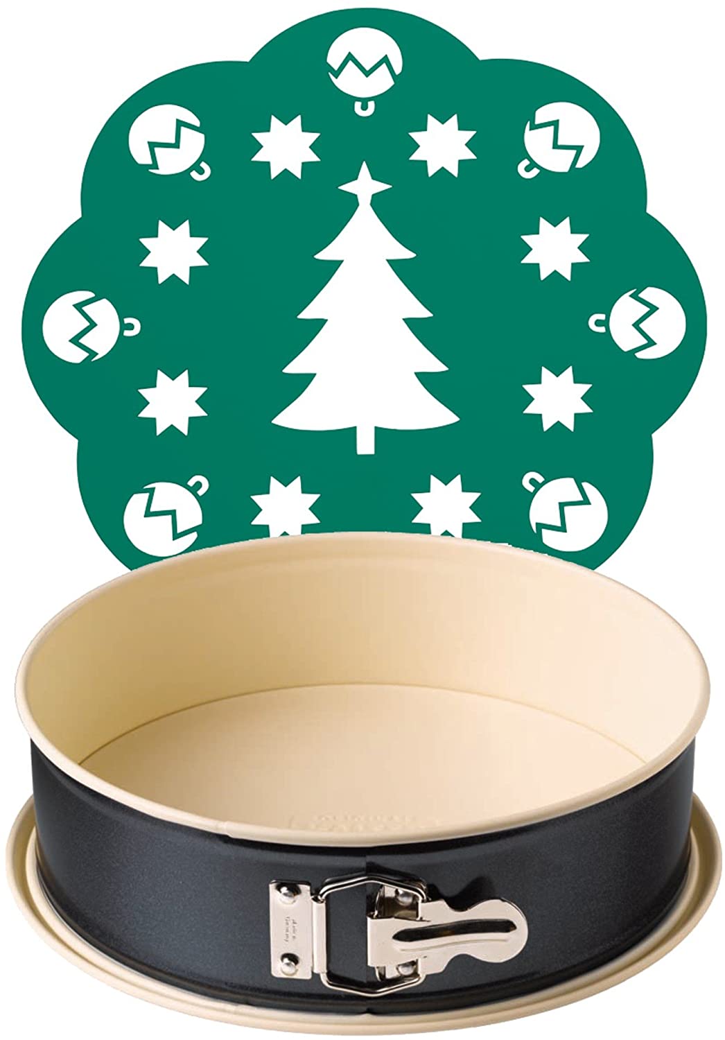 Kaiser Inspiration Springform 26 cm rund, Flachboden, mit Weihnachts-Deko-Schablone, runde Backform, auslaufsicher, antihaftbeschichtet