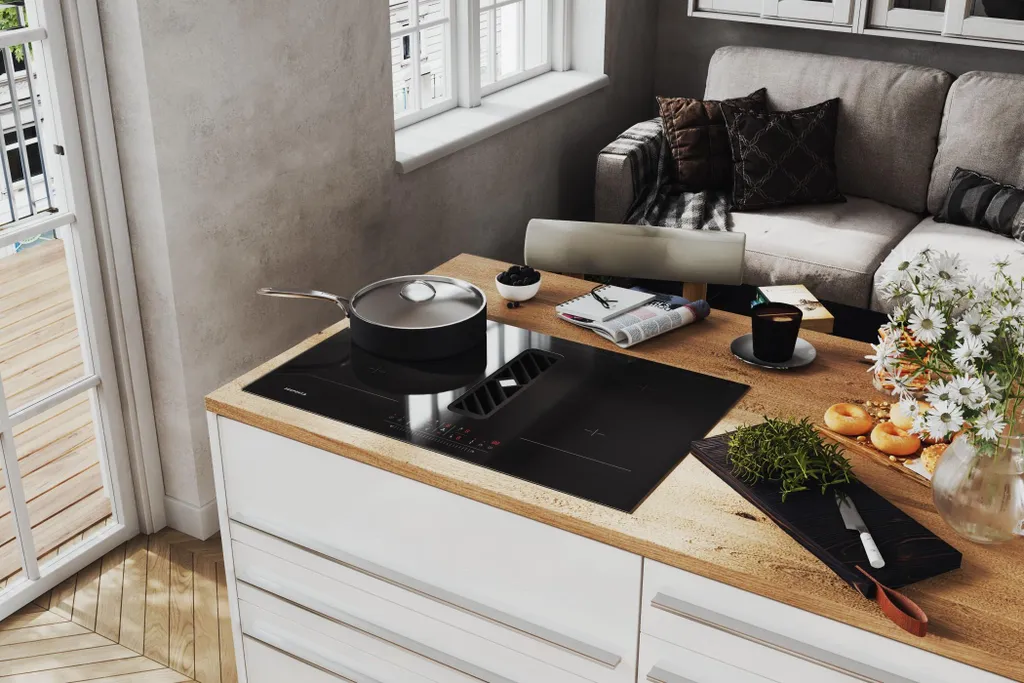 Induction hob with extractor hood, 83 cm, Calima Respekta