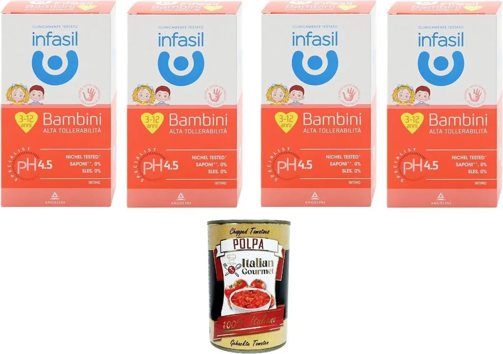 Italian Gourmet E.R. Infasil High Tolerance Intimate Cleanser for Children - Tested under pediatric control, nickel-tested, dye-free, 4 x 200ml + Italian Gourmet polpa 400gr 1200g
