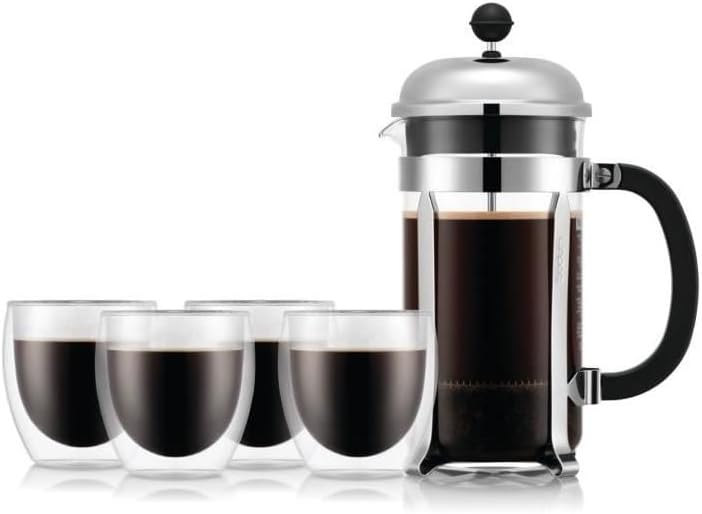 French Press Coffee Machine - BODUM - CHAMBORD SET - 8 Cups 1.0 L + 4 Double-Walled Pavina Glasses 25 cl