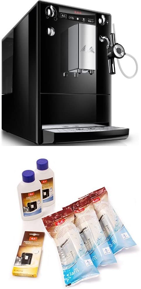 Melitta Caffeo Solo & Perfect Milk E957-101, Slim Fully Automatic Coffee Machine with Auto Cappuccinator, Black + Melitta Care Set of 6 for Fully Automatic Coffee Machines, Water Filter, Liquid Descaler