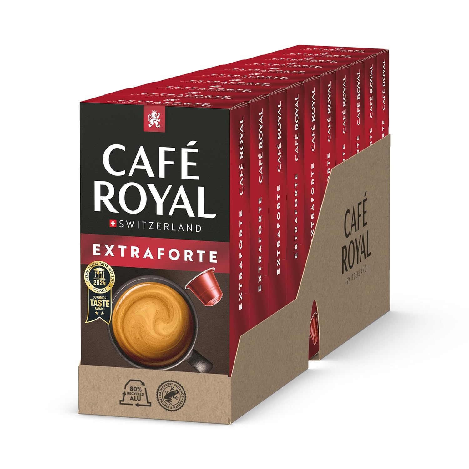 Café Royal, Extraforte, 100 Nespresso (R) Compatible Capsules, 80% Recycled Aluminum, Rainforest Alliance Certified, Dark Roast Coffee, Intensity 12