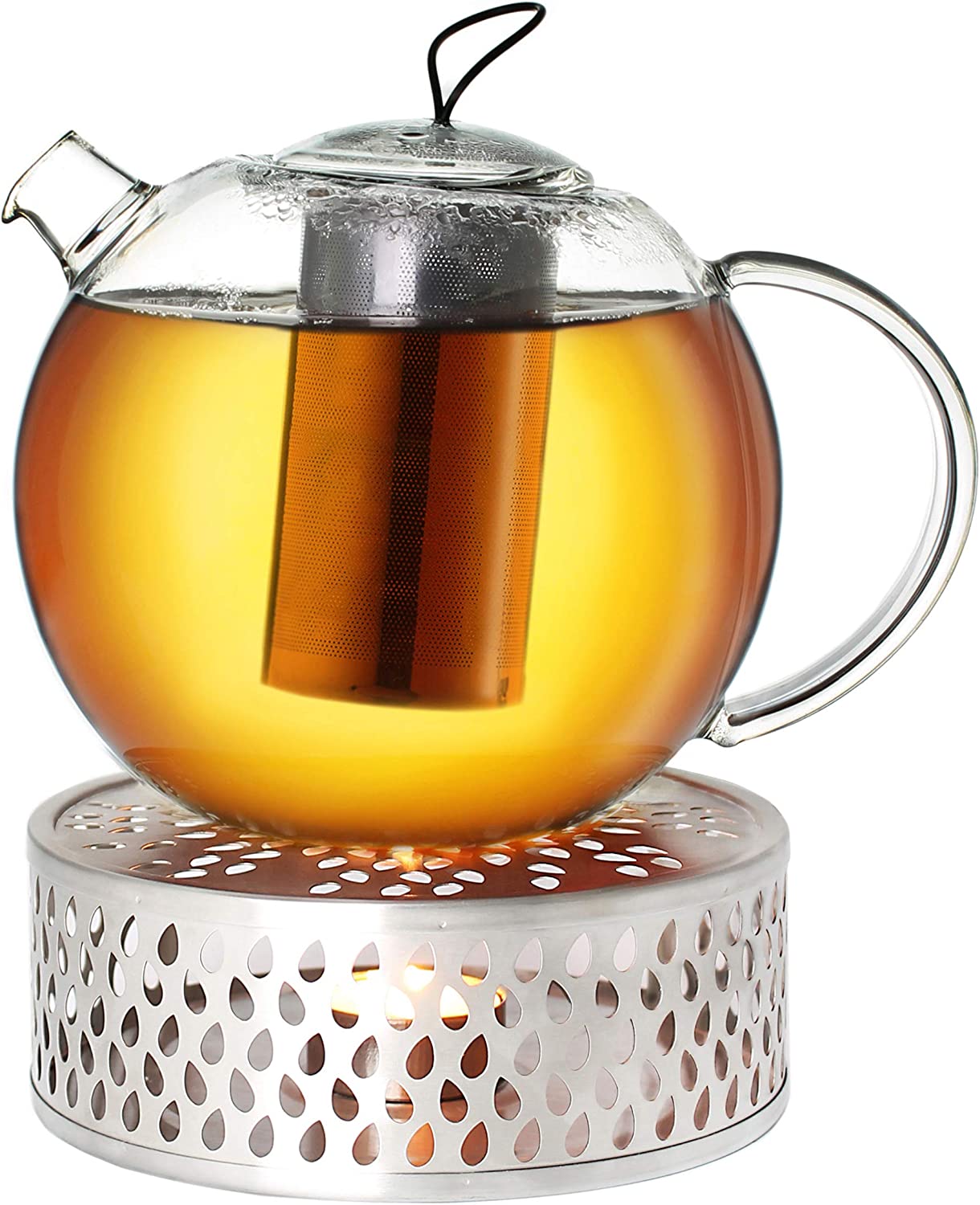 Creano Glass Teapot 1.5 L Jumbo + a stainless steel warmer, 3-piece glass teapot with integrated stainless steel strainer and glass lid, ideal for preparing loose teas, drip-free