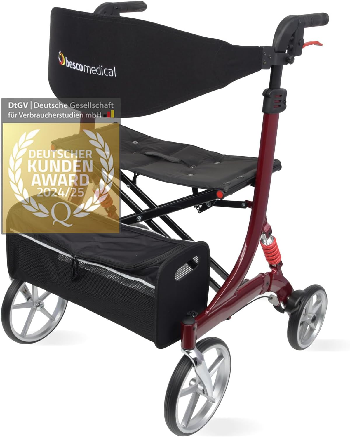 Besco Medical Spring XL Rollator - Heavy Load Capacity up to 240 kg, Lightweight Aluminum with Comfort Suspension - Wide Seat, Height Adjustable & Foldable - Includes Back Strap and Mesh Bag - Model