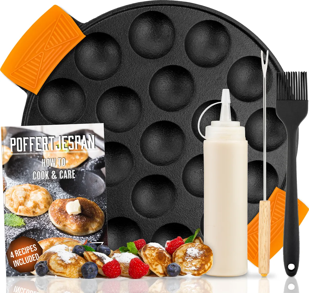 Awemoz IRONO Poffertjes Pan - Poffertjes Maker - 19 Mini Pancakes - Cast Iron Pancake Pan - Includes Butter Brush, Turning Fork, Batter Bottle, Handles