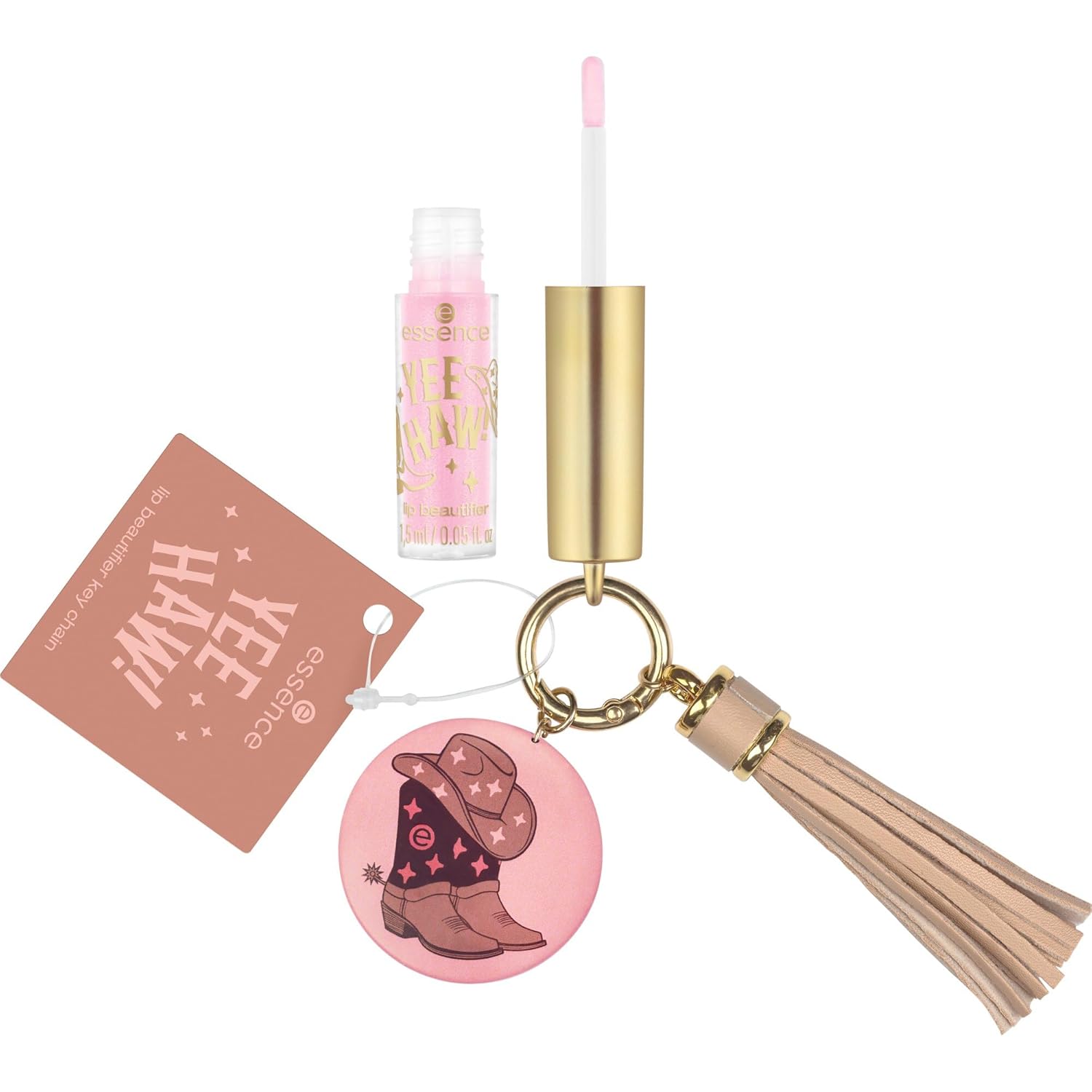essence YEE HAW! lip beautifier key chain, lip gloss, no. 01, pink, glossy, glittery, vegan, no parabens, no microplastic particles, nanoparticles free, 1.5 ml