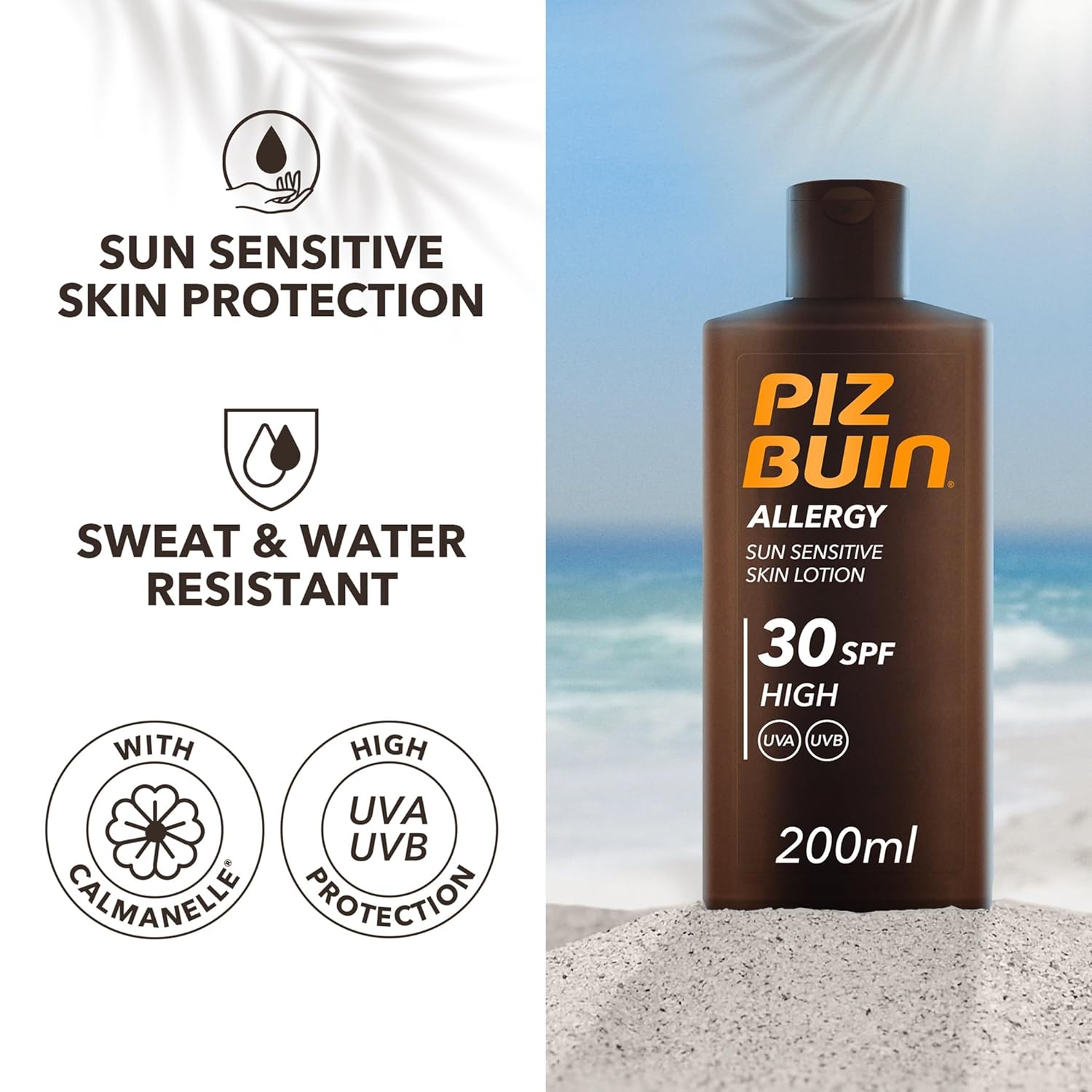 Piz Buin Allergy Sun Cream with SPF 30, Sun Protection for Sensitive Skin, Waterproof and Fast Absorbing, 200 ml (Pack of 2)