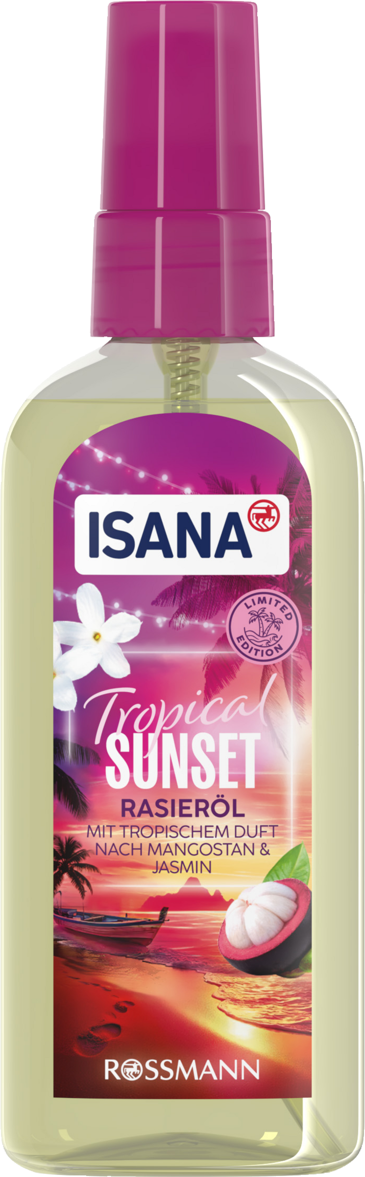 ISANA Tropical Sunset shaving oil with a tropical scent of mangosteen & jasmine 100 ml